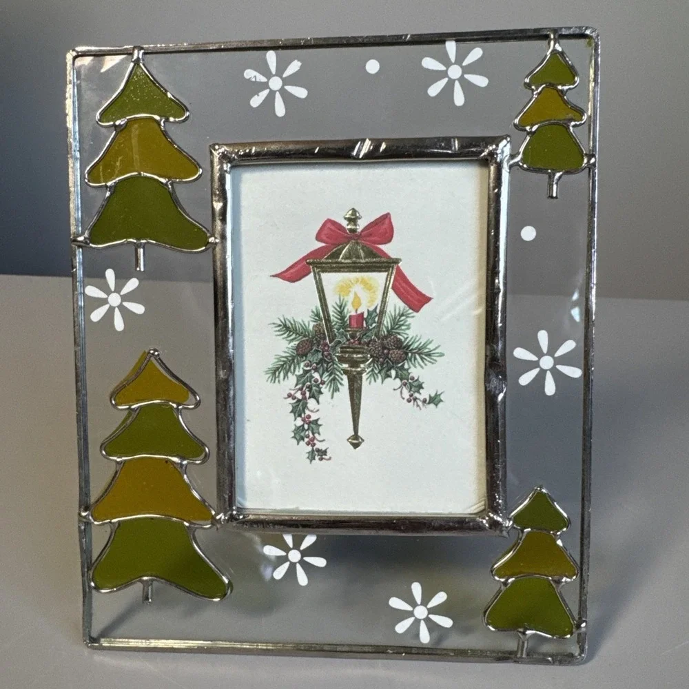 Vintage Stained Glass Christmas Tree & Snowflake 2.5x3.5 Photo Frame Metal Trim